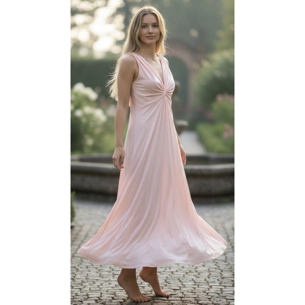 LUCIE ANN vintage Nylon KEYHOLE Grecian Three Bow Nightgown ROSE Pink